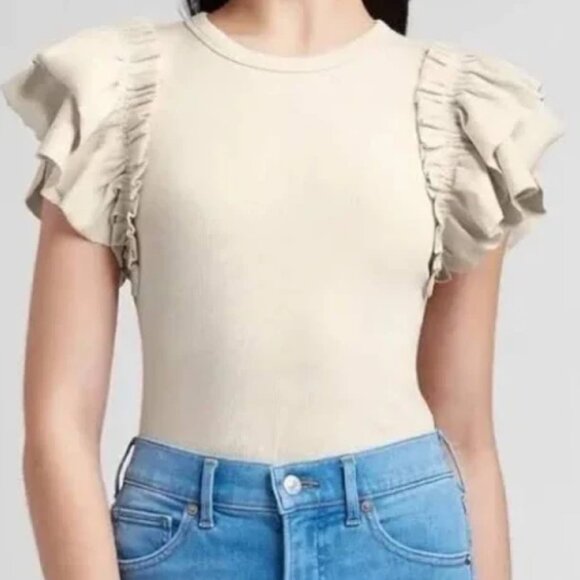 Express Tops - LIKE NEW! EXPRESS Ruffle Sleeve Ribbed Short Sleeve T-Shirt in Cream Siz…